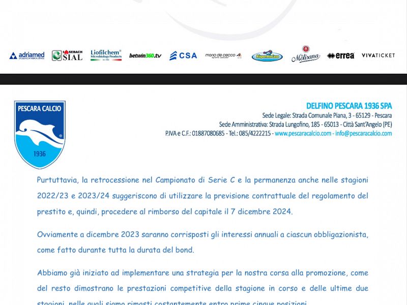 Bond Pescara, Sebastiani:''Slittiamo il pagamento a dicembre 2024'', foto 1