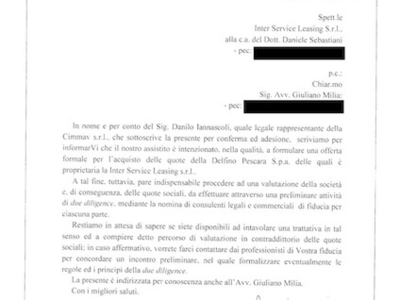 Iannascoli:'' ecco il documento ufficiale della PEC inviata, foto 1