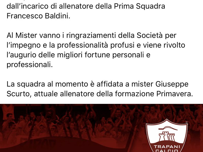 Trapani, esonerato Francesco Baldini, foto 1
