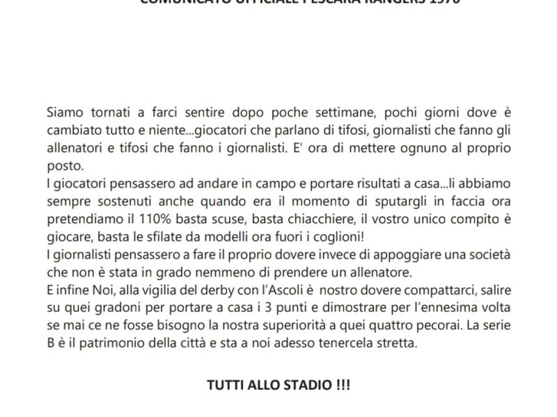 Comunicato ufficiale Pescara Rangers, foto 1