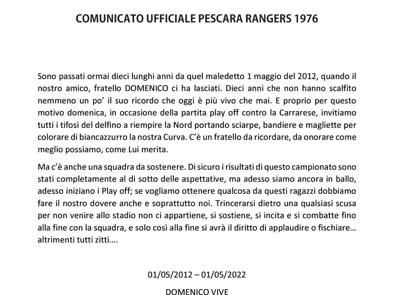 PESCARA RANGERS, COMUNICATO UFFICIALE, foto 1