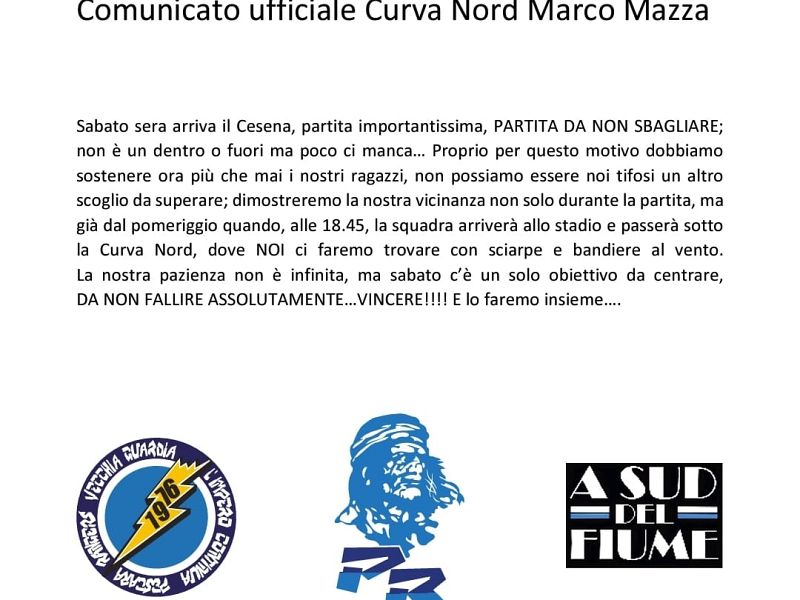 Comunica ufficiale Curva Nord ‘’Marco Mazza’’, foto 1