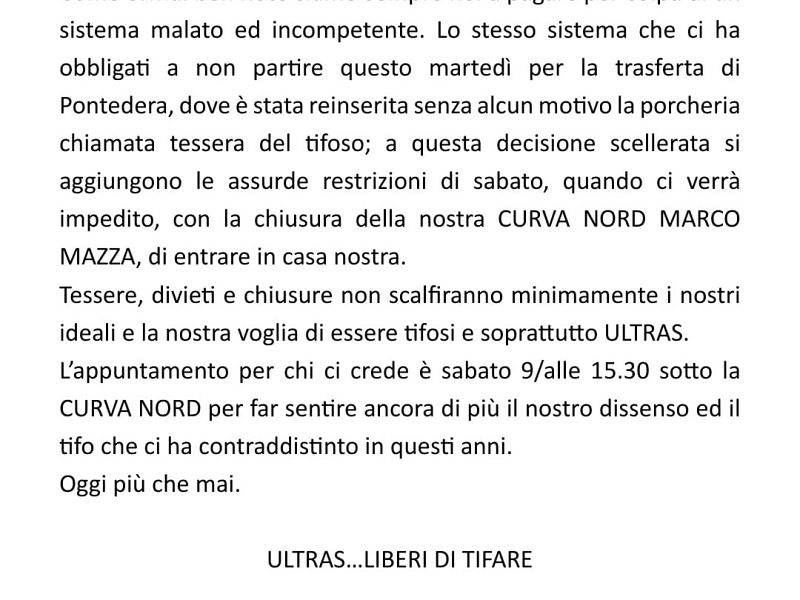 Comunicato ufficiale Curva Nord ‘’Marco Mazza’’, foto 1