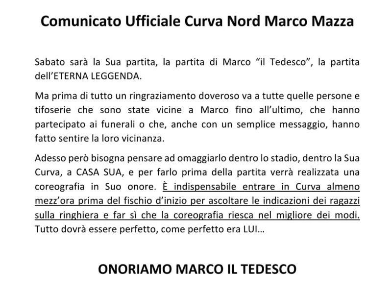 Comunicato ufficiale Curva Nord Marco Mazza, foto 1