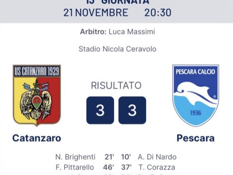 Corazza salva i biancazzurri: Catanzaro-Pescara 3-3, foto 1