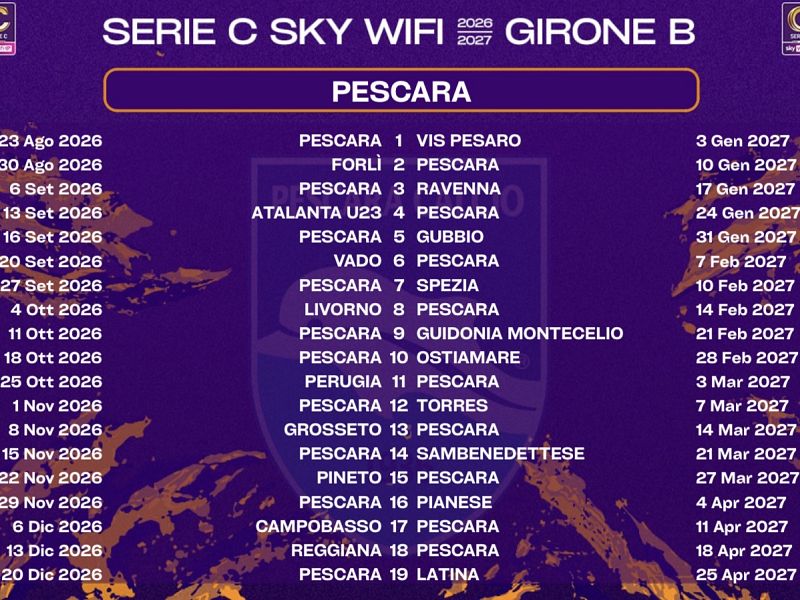 Ecco il calendario del Pescara per la stagione 2026-2027, foto 1